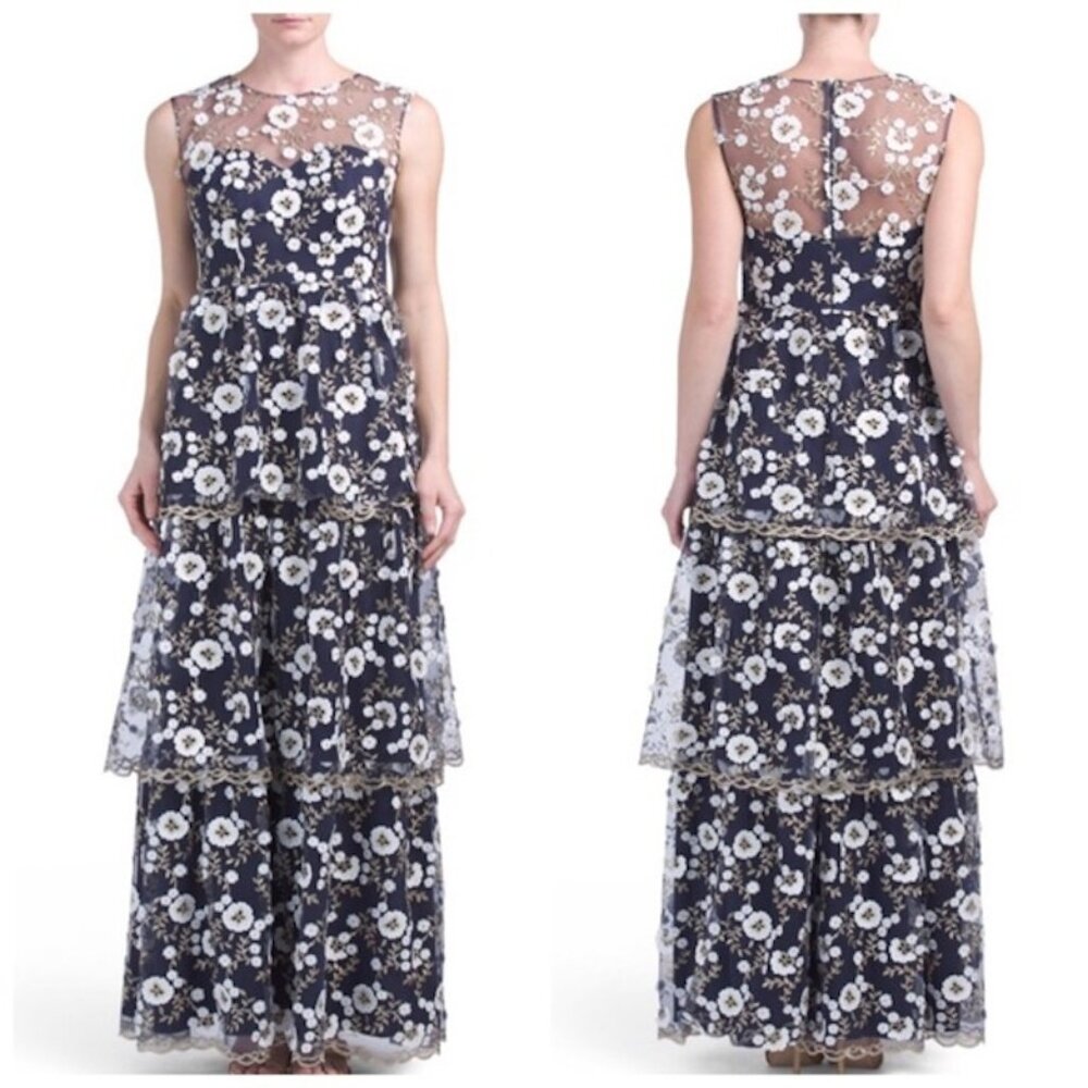 Lotus Threads Navy White Gold Lace Floral Embroidered Tiered Gown
